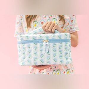 Blue Belle Floral Quilted Cosmetic Bag with Top Handle
